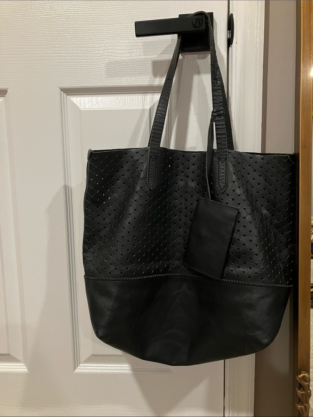 J. Crew Black Perforated Leather Tote with Pouch